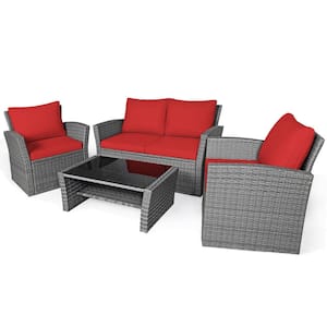4-Pieces Patio Rattan Conversation Set Outdoor Furniture Set with Red Cushions