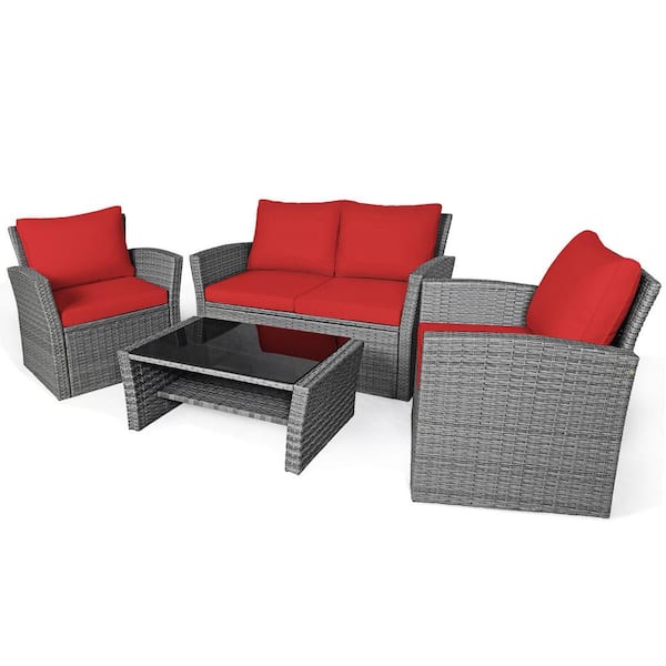 Gymax 4-Pieces Patio Rattan Conversation Set Outdoor Furniture Set with Red Cushions