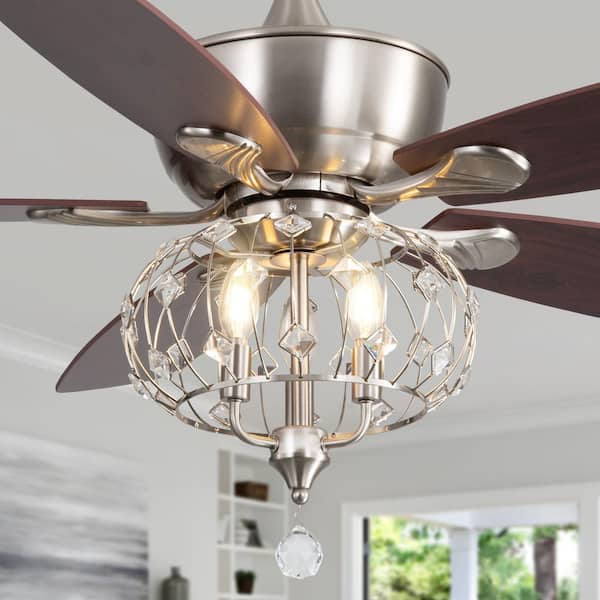 52 in. Indoor Nickel Downrod Fandelier Crystal Chandelier Ceiling Fan with Light and Remote Control