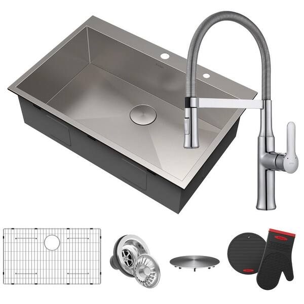 KRAUS Pax All-in-One Drop-In Stainless Steel 33 in. 2-Hole Single Bowl Kitchen Sink with Commercial Faucet in Chrome