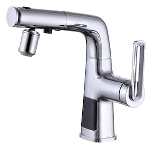 Multipurpose Single Handle Single Hole Bathroom Faucet with Pull-out Sprayer and Temperature Display Function in Chrome