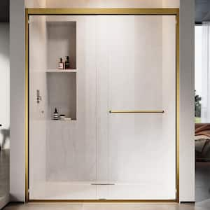 UKD06 56 to 60 in. W x 76 in. H Double Sliding Semi-Frameless Shower Door in Satin Brass, EnduroShield Clear Glass