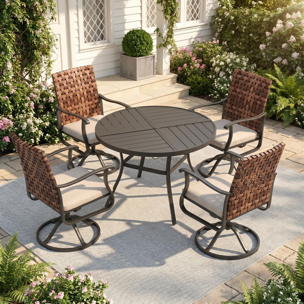 5-Piece Metal Outdoor Dining Set with 40.6 in. Black Round Table and 4 Brown Wicker Swivel Chairs with Beige Cushions price history on PriceWatchPro