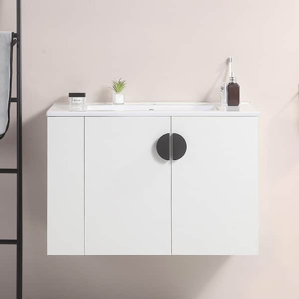 grossag 30 in. W x 18 in. D x 19 in. H Single Sink Floating Bath Vanity in White with White Ceramic Top, Left Open Shelves