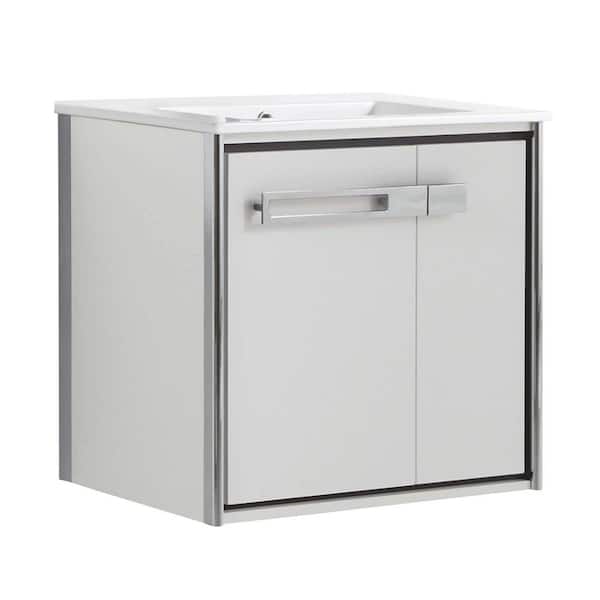 FINE FIXTURES Oakville 24 in. W x 18 in. D x 23.25 in. H Wall Mounted Bathroom Vanity in Matte White with White Ceramic Sink Top