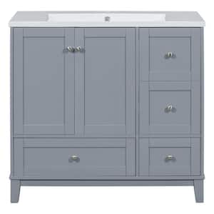 36 in. W x 18 in. D x 34 in. H Single Sink Freestanding Bath Vanity in Gray with White Resin Sink with USB Charging