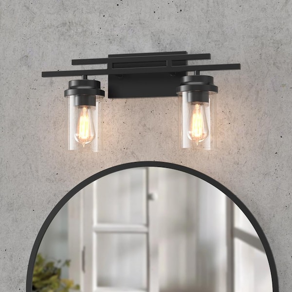 CLAVIE Bathroom Light Fixtures 2-Light 16 in. W x 9 in. H Wall Sconces with Clear Glass Shade Vanity Light Fixture in Black