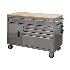 52 in. W x 25 in. D Standard Duty 5-Drawer 1-Door Mobile Workbench Tool Chest with Solid Wood Top in Stainless Steel