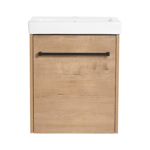 17.3 in. W x 13.5 in. D x 21.3 in. H Single Wall-Mounted Oak Bath Vanity with White Ceramic Vanity Top