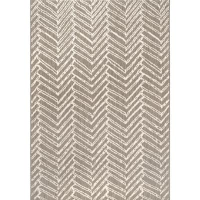 Macklin Contemporary Herringbone Brown 8 ft. x 11 ft. Indoor/Outdoor Patio Area Rug
