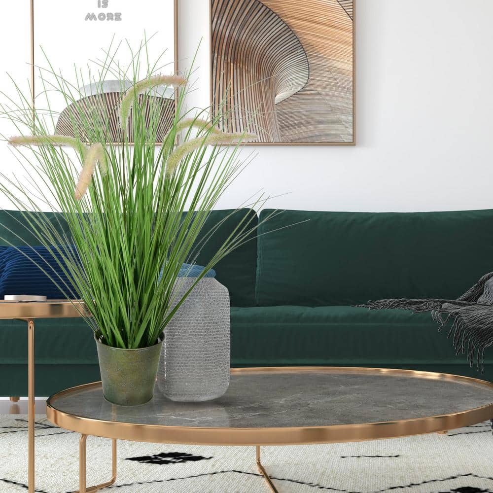 Tiny Green Faux Grass Plant in Decorative Iron Pot