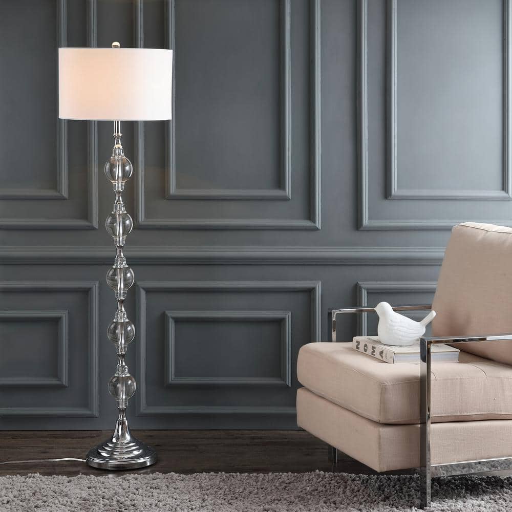 Elegant Lucida 60'' Chrome and Crystal Floor Lamp with Off-White Shade
