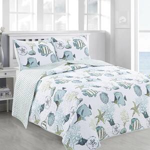 Multi-Colored Coastal & Fish Themed King Microfiber 3-Piece Quilt Set Bedspread