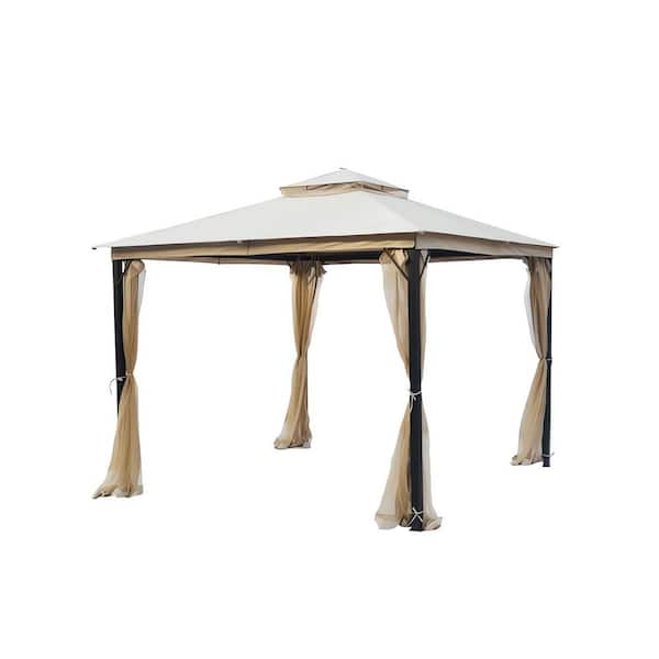 Zeus & Ruta 10 ft. x 10 ft. Beige Patio Gazebo with Soft Top Canopy and Hanging Curtain Tent for Patio, Garden, Poolside, Backyard