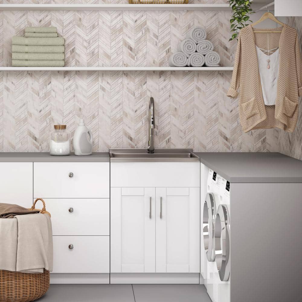 24-Inch White Shaker Utility Sink Cabinet with Stainless Steel Faucet