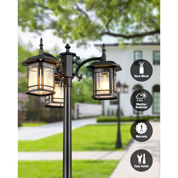 KIYAR 3-Head Outdoor Lamp Post Light with Built-In Outlet, Dusk to