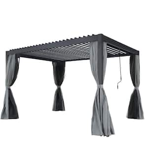 10 ft. x 13 ft. Gray Pergola with Adjustable Roof, Outdoor Aluminum Louvered Patio Pergola with Curtain and Netting