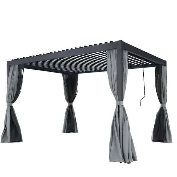 NOBLEMOOD 10 ft. x 13 ft. Gray Pergola with Adjustable Roof, Outdoor Aluminum Louvered Patio Pergola with Curtain and Netting