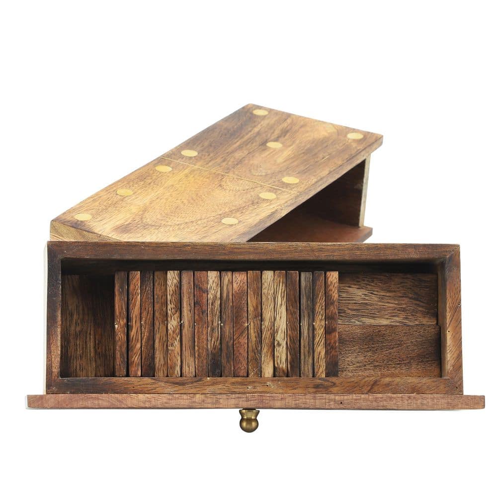 Brown Mango Wood and Brass Dominoes Set with Storage Box