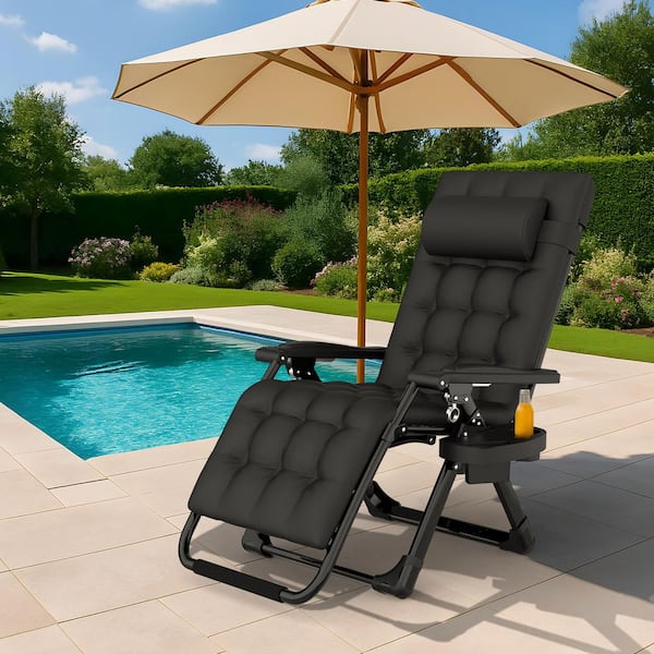 Reclining Patio Lounger Chair Steel Wide Zero Gravity Chair with Cup Holder&Headrest&Removable Black Mattress