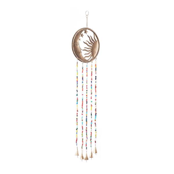 37 in. Brass Metal Sun and Moon Indoor Outdoor Windchime with Glass Beads and Bells