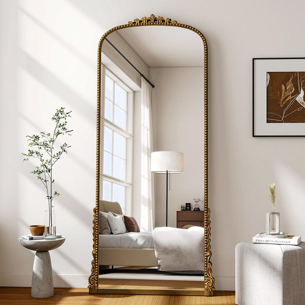 XRAMFY Antique Gold 28 in. W x 69 in. H Carved Arched PU Frame Full Length Floor Mirror FMPUAC022869GD