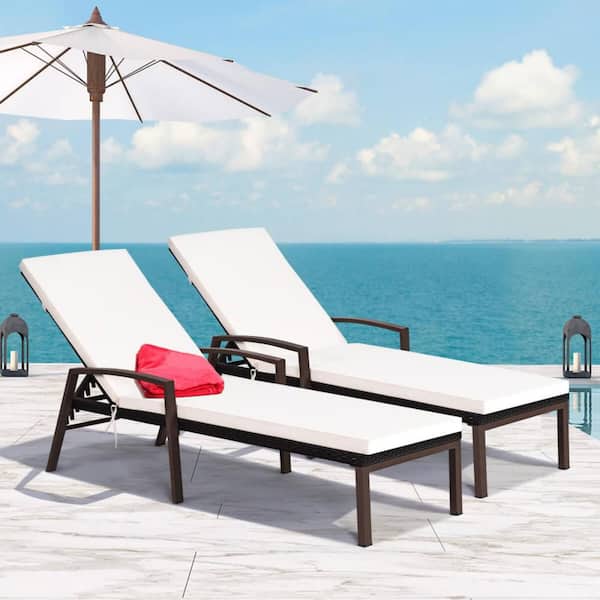 Wicker Outdoor Lounge Chair with Patio Reclining Chaise Sun Lounger Turquoise and White Cushion (2-Pack)