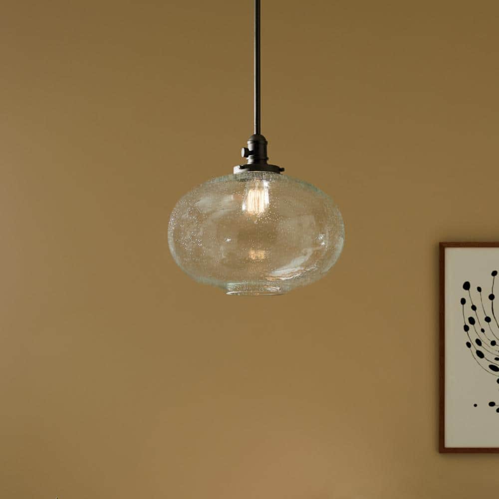 Avery 14.5 in. 1-Light Olde Bronze Vintage Industrial Shaded Globe Kitchen Hanging Pendant Light with Seeded Glass price history on PriceWatchPro