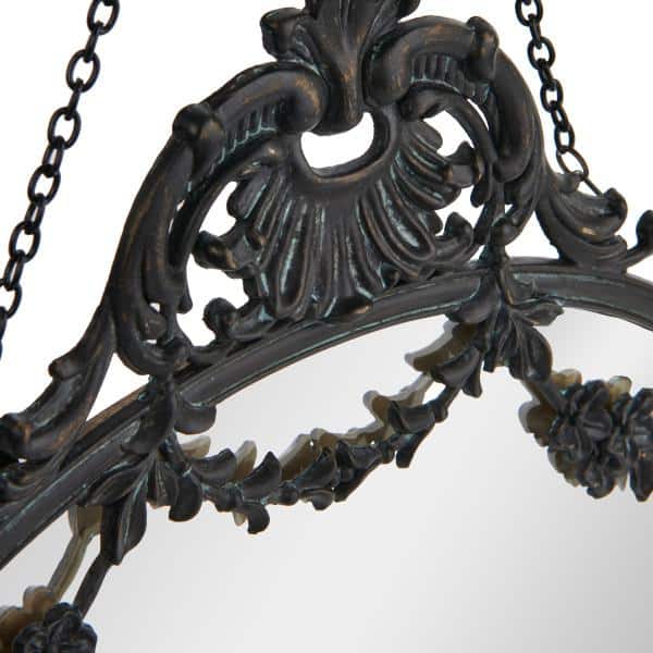 Vintage Black Pewter Round Wall Mirror with Decorative Chain