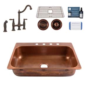Angelico 33 in. 4-Hole Drop-in Single Bowl 17 Gauge Antique Copper Kitchen Sink with Courant Bridge Faucet (Bronze) Kit