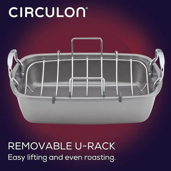 Circulon 17 in. x 13 in. Nonstick Bakeware Roaster with U-Rack, Gray