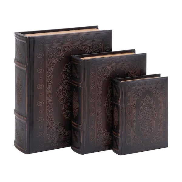 Rectangle Wood Faux Book Box with Faux Leather Detailing (Set of 3)