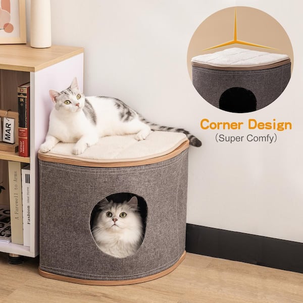 Kahomvis Wooden Corner Cat House Cave with 2 Washable Cushions AWS