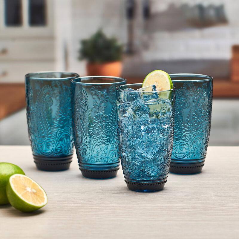 Indigo Blue Embossed Floral Highball Glass Set of Four