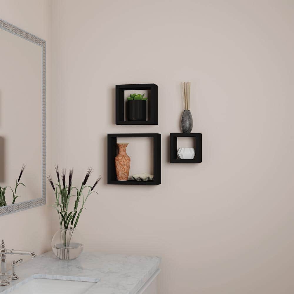 Black Wood Floating Cube Wall Shelf Set with Hidden Brackets