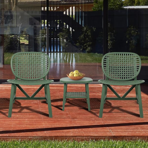 Unbranded 3-Piece Hollow Design Retro Green Plastic Patio Conversation Set with Side Table for Balcony Garden Yard