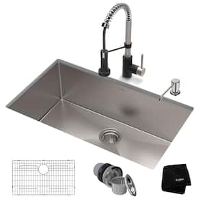 All-in-One Undermount Stainless Steel 32 in. Single Bowl Kitchen Sink with Faucet in Stainless Steel Matte Black