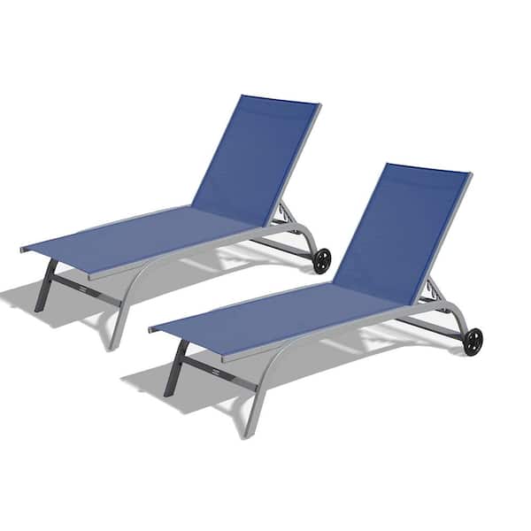 Sudzendf Aluminum Outdoor Patio Chaise Lounge with Adjustable Backrest and Wheels in Blue (Set of 2)