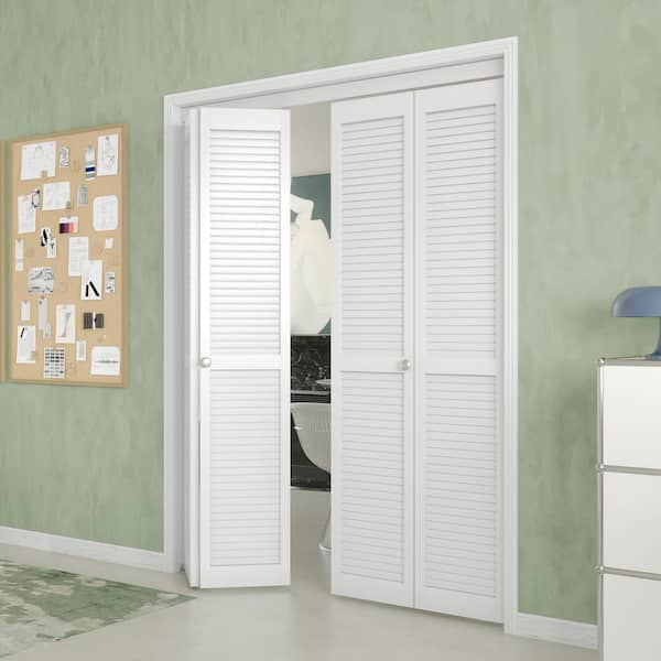 60 in. W. x 80 in (Double 30 in. W. Doors) Solid Core, MDF Wood, White Louver Bi-fold Door Bi-fold Door with Hardware