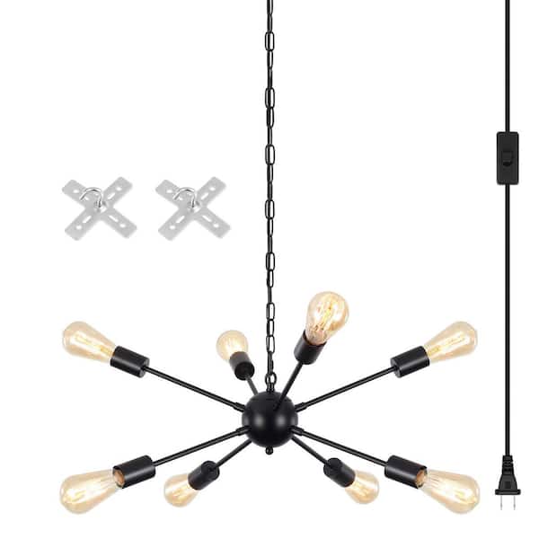8-Light Black Modern Height Adjustable Dimmable Plug in Sputnik Chandelier for Kitchen Island with No Bulbs Included
