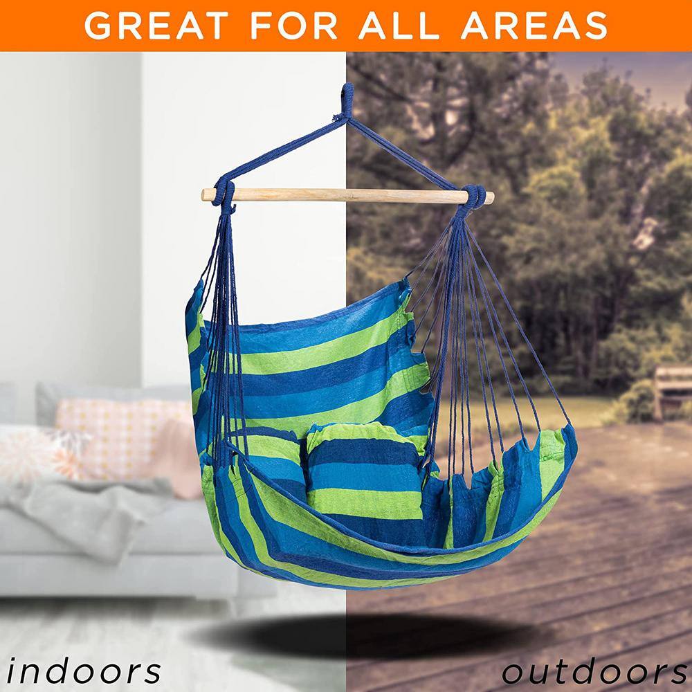 Blue and Green Striped Hanging Hammock Chair with Cushions