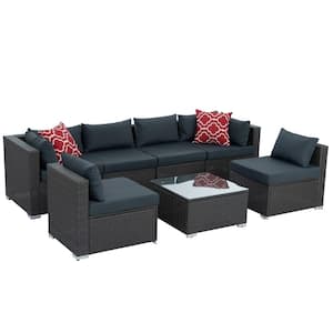 7-Piece Wicker Outdoor Couch PE Rattan Sofa Set with Waterproof Dark Gray Cushions and Square Table