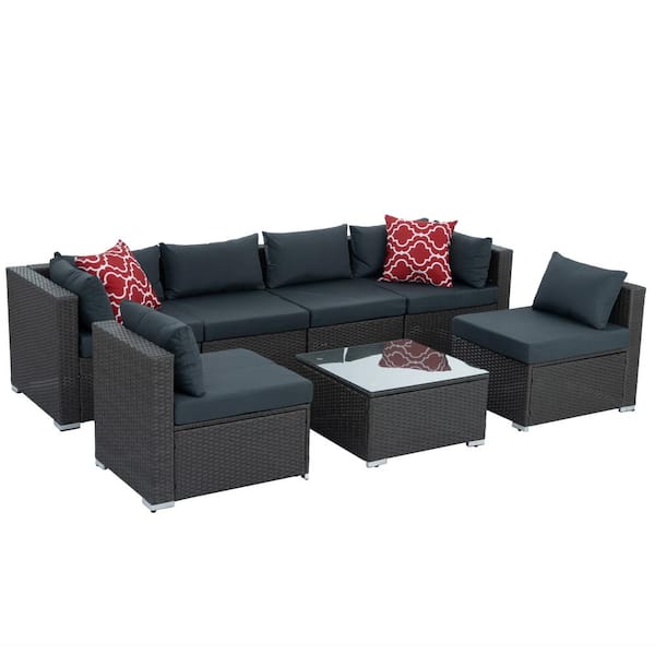 Unbranded 7-Piece Wicker Outdoor Couch PE Rattan Sofa Set with Waterproof Dark Gray Cushions and Square Table