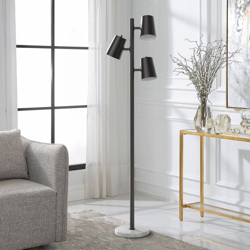 Black Metal and Marble Adjustable Multi-head Floor Lamp