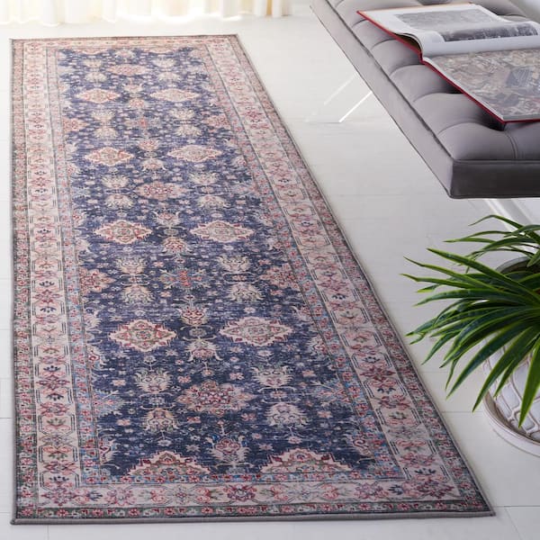 Tucson Navy/Beige 3 ft. x 8 ft. Machine Washable Border Floral Distressed Runner Rug