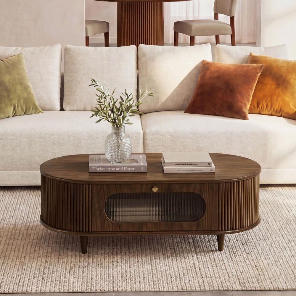 Quill 47.24 in. Walnut Oval Wood Coffee Table with Fluted Design price history on PriceWatchPro