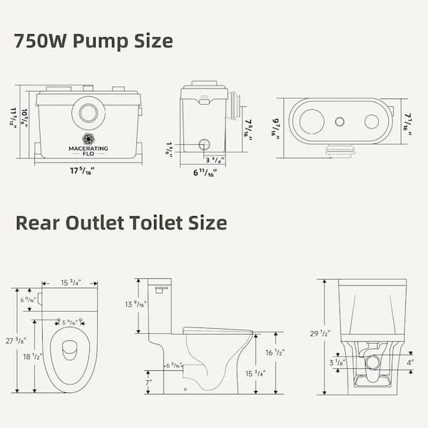 800Pro Upflush Macerating Toilet With Pump For Basement, 1.28GPF Dual Flush Toilet Tank, 4 Inlets For Kitchen Sink Bathtub Laundry, 36ft Vertically