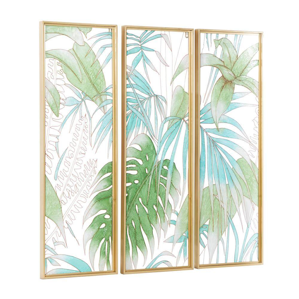 Green and Gold Tropical Leaf Tiffany Glass Framed Wall Decor Set
