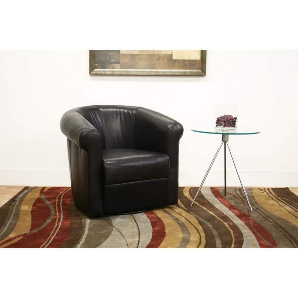 Swivel Barrel Accent Chair in Black Faux Leather with Wooden Frame