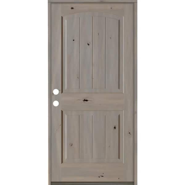 Krosswood Doors 36 in. x 80 in. Rustic Knotty Alder 2-Panel Arch Top V-Groove Right-Hand/Inswing Grey Stain Wood Prehung Front Door